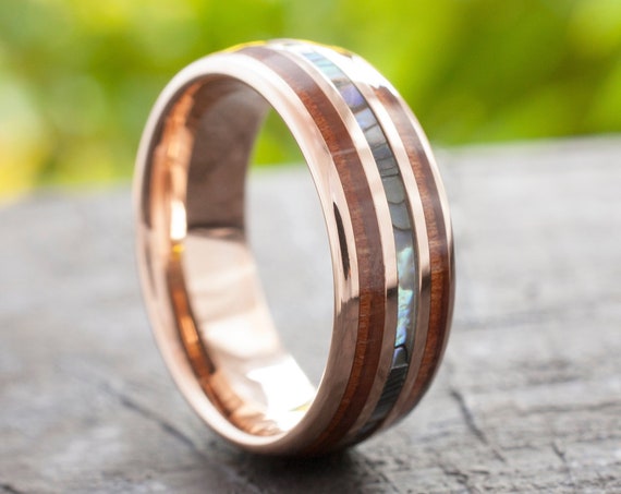 Wood Tungsten Ring Rose Gold Men Women Mother Of Pearl Wedding Band Abalone 8MM Size 4 to 15 Anniversary His or Her Elegant Special Gift