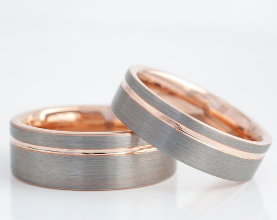 Rose Gold Tungsten Ring Men Women Set Or Single Wedding Band Grey Brushed Design His And Hers 8MM 6MM Size 4-15 Anniversary Engagement Gift