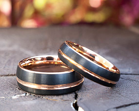 Rose Gold Tungsten Ring Black Wedding Band Domed Brush Design Comfort Fit Men Women 8MM 6MM Size 4 to 15 Anniversary Set Or Single Ring Gift