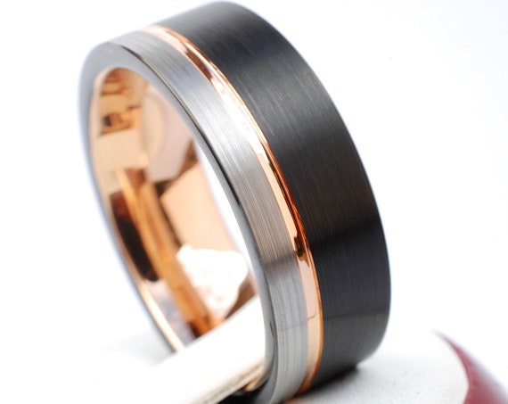 Men Rose Gold Tungsten Ring Black Grey Brushed Wedding Band 3-Tone 8MM Size 5 to 15 Promise Anniversary Engagement Gift Engraving Available