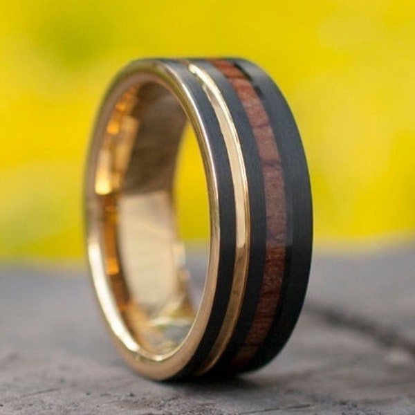 Black Tungsten Ring Gold Wedding Band Wood Inlay Yellow Groove Men 8MM Comfort Fit Design Size 5 to 15 His Perfect Anniversary Marriage Gift