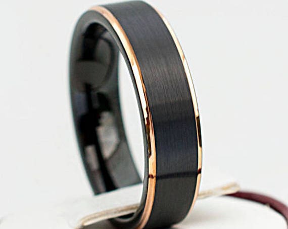 Black Tungsten Ring Classy Brushed Design With Rose Gold Thin Lines Wedding Bridal Band Men Woman 6MM Size 4 to 14 Fabulous His or Her Gift