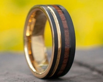 Black Tungsten Ring Gold Wedding Band Wood Inlay Yellow Groove Men 8MM Comfort Fit Design Size 5 to 15 His Perfect Anniversary Marriage Gift