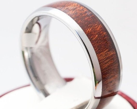 Men Tungsten Ring Wood Wedding Band Grey Shiny Polished 8MM Design His Her Size 5 to 15 Male Unique Anniversary Engagement Love Gift Idea