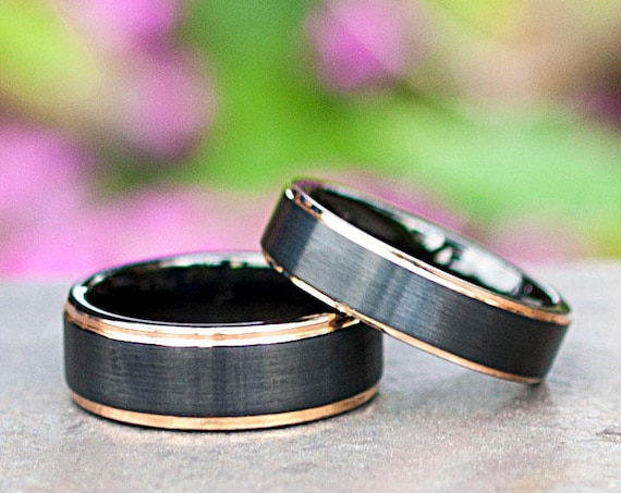 Tungsten Ring Men Women Black Matte Brush And Rose Gold Thin Line Wedding Band 8MM 6MM Size 4-15 Gift Set Or 1 Add Personal Engraving Opt