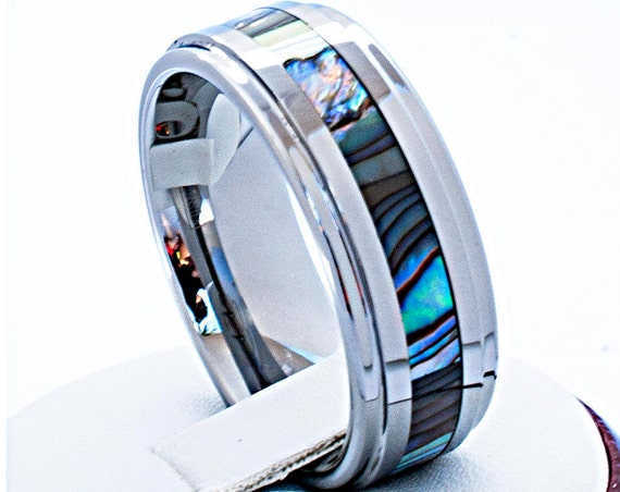 Tungsten Carbide Ring With Mother of Pearl Inlay Wedding Bridal Band Shiny Polished Design Men's Women's 8MM Size 6 to 14. Special Gift
