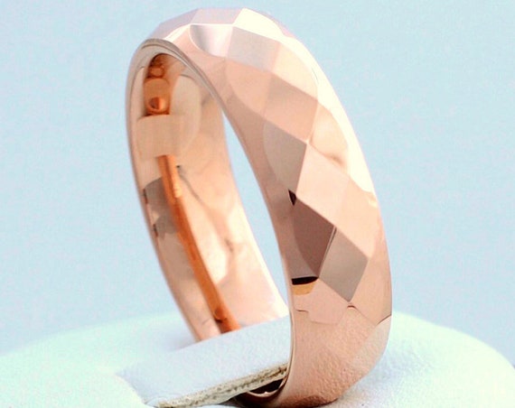 Rose Gold Tungsten Ring Faceted Wedding Band High Polished Shiny Women Men 6MM Size 4 5 6 7 8 9 10 11 12 13 14 Elegant Anniversary Love Gift