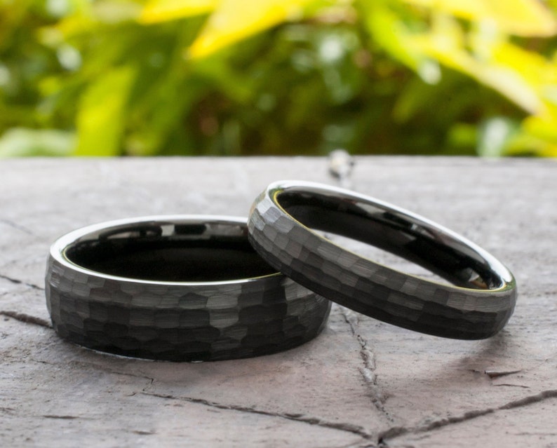 His and Hers Hammered Black Tungsten Ring Set, Brushed Couples Anniversary Wedding Band image 1