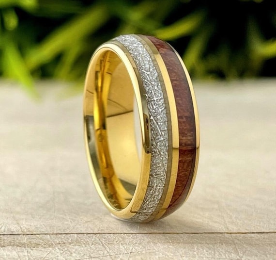 Wood Meteorite Gold Tungsten Ring Male Wedding Band Polished 2-Inlay Domed Design 8MM Size 5 to 15 Mens Promise Anniversary Fathers Day Gift
