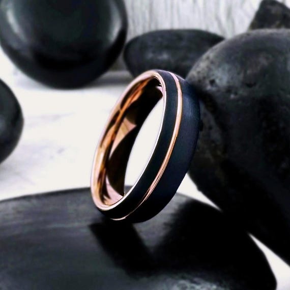 Rose Gold and Black Tungsten Ring Men Woman Wedding Band 6mm Wide with Groove Polished and Brushed Dome Design His Her Engagement Ring