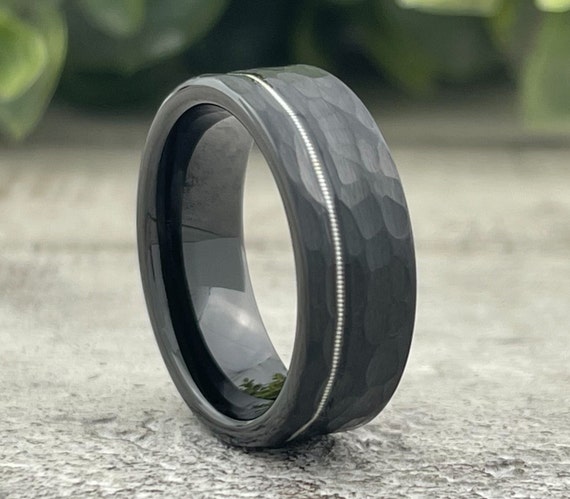 Black Hammered Tungsten Ring Guitar String Inlay Wedding Band Mens 8MM Comfort Fit Design Size 5 to 15 Male Unique Anniversary Love Gift