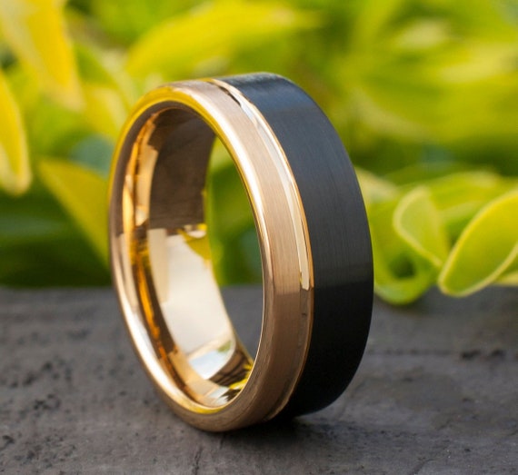 Gold Tungsten Ring Mens Black Wedding Band Two Tone Brushed Design Anniversary Male 8MM Ring Sizes 5 to 15 Women Marriage Gift Free Shipping