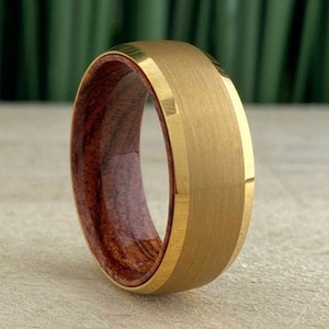 Wood In Yellow Gold Tungsten Ring Men Wedding Band Brushed Design 8MM Rosewood Sleeve Size 5 to 15 His Anniversary Engagement Promise Gift