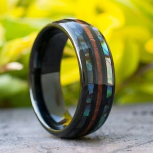 Black Tungsten Wedding Band: Abalone Shell and Koa Wood Inlay, 8MM Ring Fathers Day Gift For Him