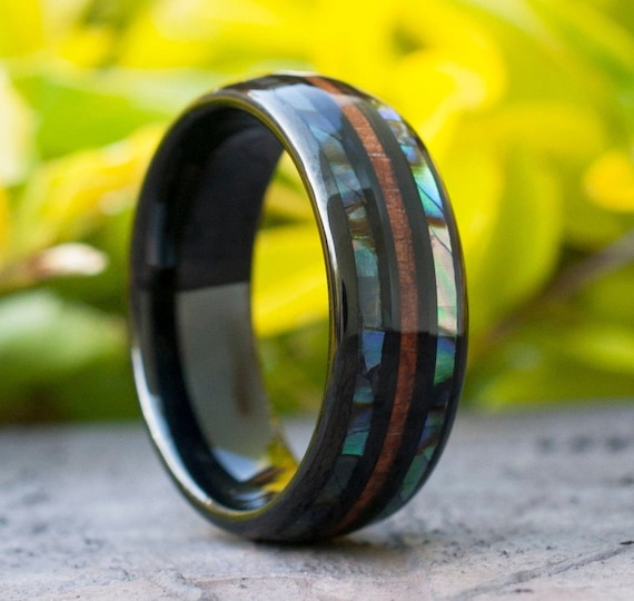 Black Tungsten Ring Abalone Shell Wood Men Wedding Band Mother Pearl Wood 3-Layer 8MM Size 5 to 15 Women Anniversary His Her Special Gift