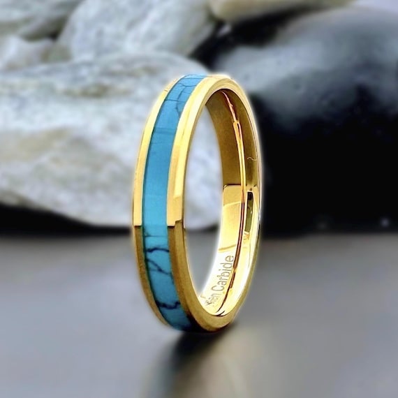Thin Gold Turquoise Inlay Tungsten Ring Mens Women Wedding Band 4mm Engagement Promise Anniversary Gift