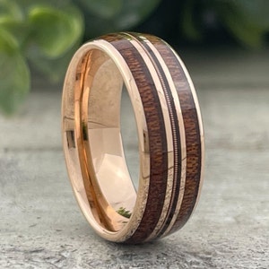 Guitar String Ring Rose Gold Wood Men 8MM Wedding Band Musician Gift Music Inspired Ring Unique Rose Gold Band