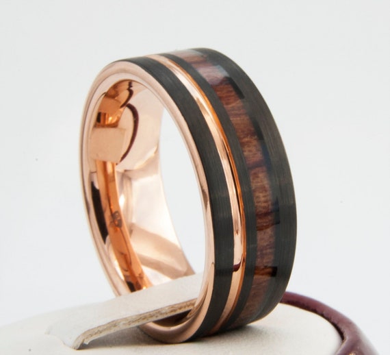 Black Tungsten Ring Rose Gold Wedding Band Wood Inlay Groove Men 8MM Comfort Fit Design Size 4 to 15 Perfect Husband Unique Anniversary Gift