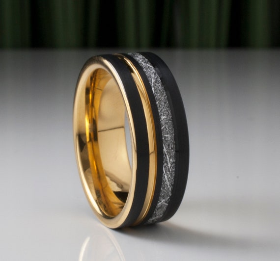 Gold Black Tungsten Ring Men Meteorite Inlay Wedding Band Yellow Groove 8MM Male Comfort Fit Size 5 to 15 Personal Anniversary Gift Idea