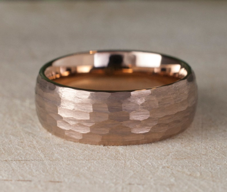 Hammered Tungsten Ring Rose Gold Men Wedding Band 8MM