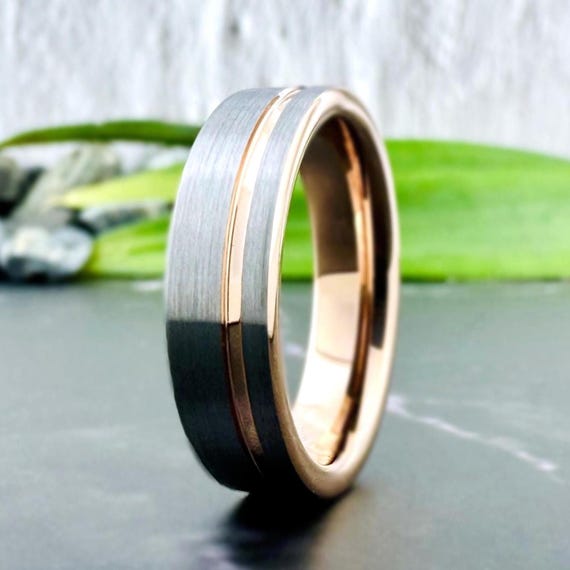 Rose Gold Wedding Band Women or Men Gray Brushed Finish Tungsten Ring 6MM with Groove Anniversary Engagement Ring