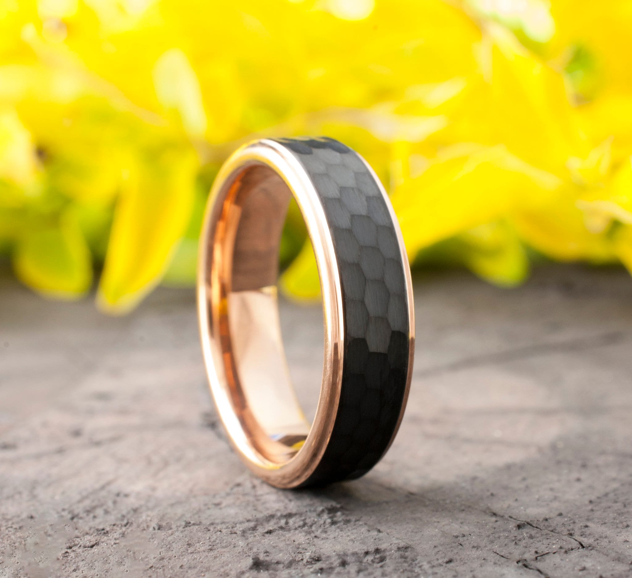 Rose Gold Tungsten Ring Black Hammered Wedding Band Women