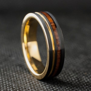 Gold Tungsten Ring Black Wood Inlay Men Women Wedding Band Yellow Groove 6MM Size 4 to 14 His Her Engagement Anniversary Love Gift Idea