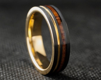 Gold Tungsten Ring Black Wood Inlay Men Women Wedding Band Yellow Groove 6MM Size 4 to 14 His Her Engagement Anniversary Love Gift Idea