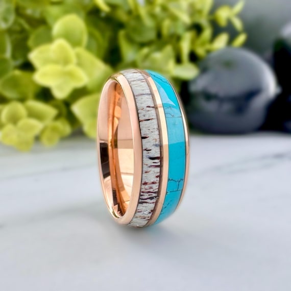 Rose Gold Tungsten Ring Deer Antler Turquoise Inlay Wedding Band Polished Domed Design 8MM
