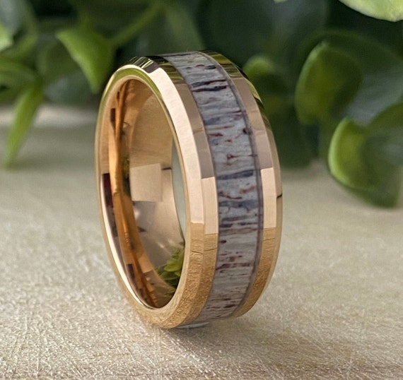 Rose Gold Tungsten Ring Deer Antler Inlay Men Wedding Band Polished Male 8MM Size 5 to 15 His Significant Other Anniversary Engagement Gift