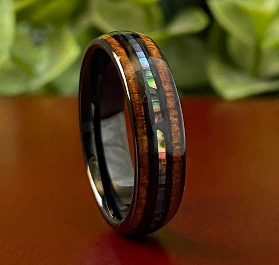 Black Tungsten Ring Wood Abalone Shell 6MM Wedding Band Pearl 3-Layer Inlay Size 4 to 14 His Her Anniversary Engagement Unique Gift Idea