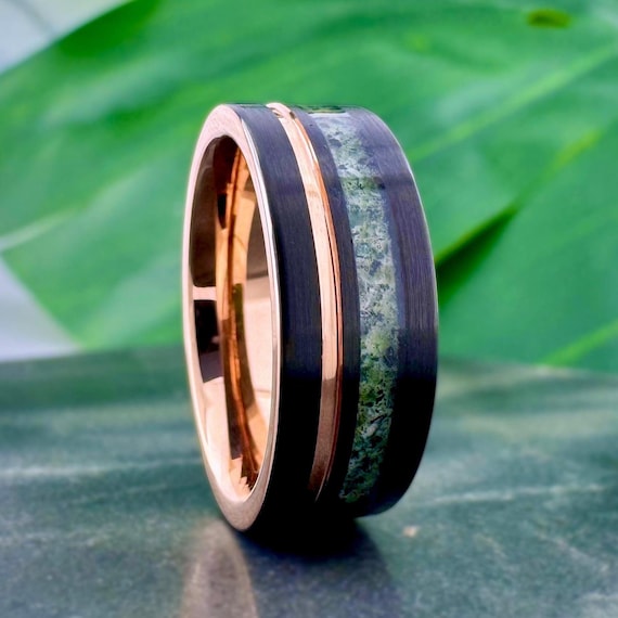 Unique Moss Agate Ring Rose Gold and Black Tungsten Wedding Engagement Band for Men 8MM, Christmas Gift For Him