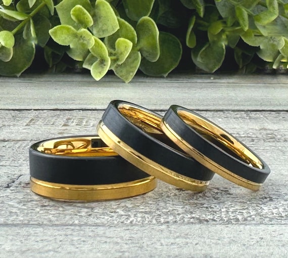 Gold Black Matching Wedding Bands His and Hers Tungsten Ring Set Brushed Groove Design, Valentines Gift