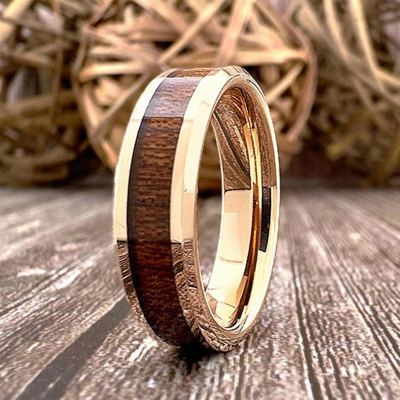 Koa Wood Ring Rose Gold Men Women Wedding Band 6MM Tungsten Anniversary Ring