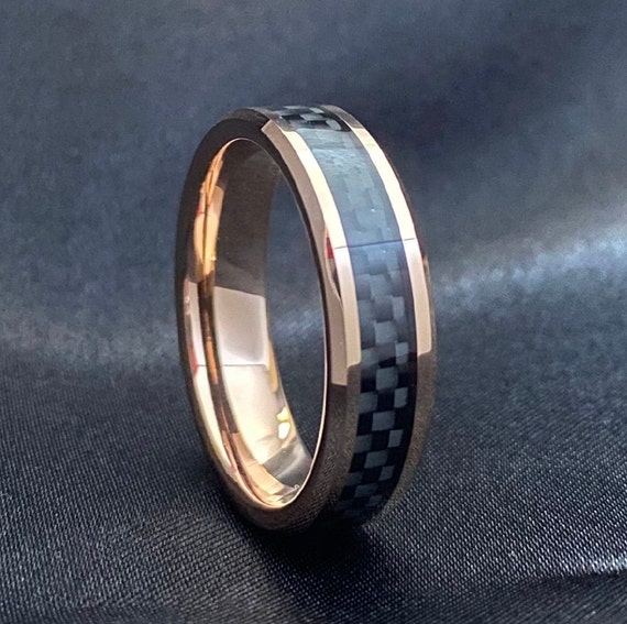 Rose Gold Tungsten Ring Black Wedding Band Carbon Fiber Inlay Beveled 6MM Men Women Size 5 to 14 Anniversary Gift His Her Engagement Ring