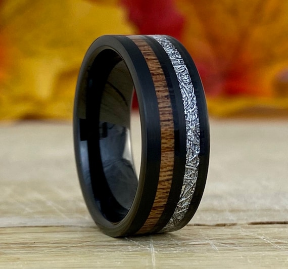 Black Tungsten Ring Wood Meteorite Inlay Men Wedding Band Brush 8MM Comfort Fit Size 5 - 14 Male Engagement Anniversary Christmas Gift Idea
