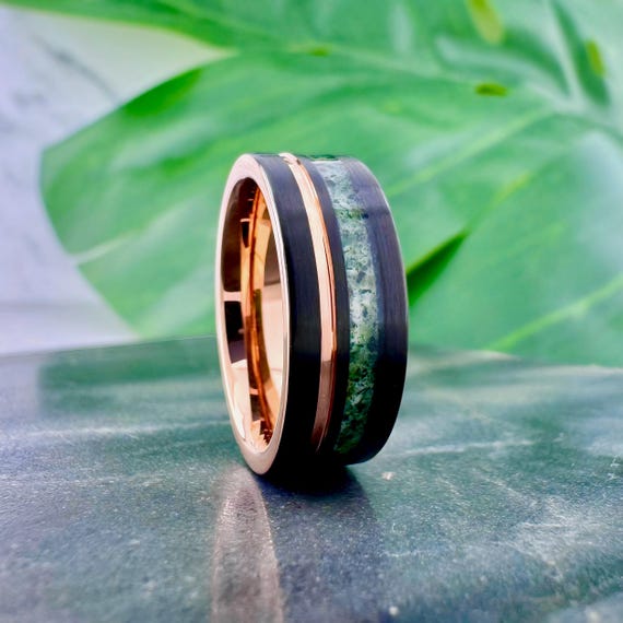 Moss Agate Rose Gold and Black Tungsten Ring Men's Wedding Engagement Band 8MM, Christmas Gift For Hem