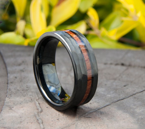 Black Hammered Tungsten Ring Wood Inlay Wedding Band Mens 8MM Comfort Fit Design Size 5 to 15 Male Unique Fashion Anniversary Love Gift