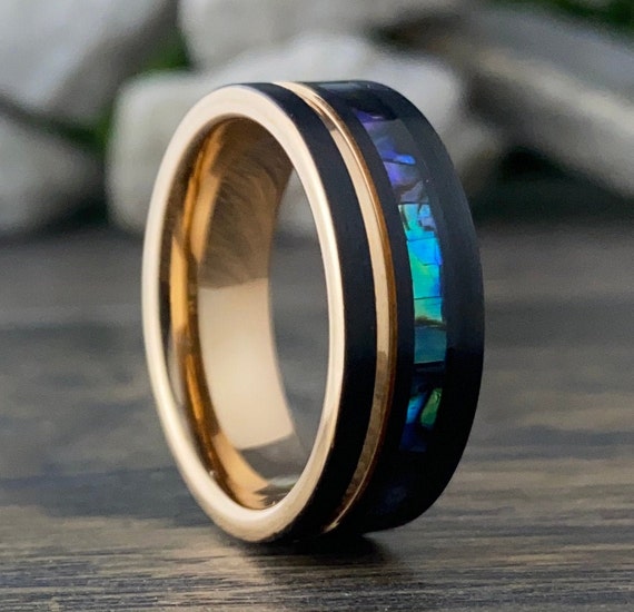 Rose Gold Black Abalone Shell Wedding Band Men Women Tungsten Ring 8MM Mother Of Pearl Size 5 to 15 Male Unique Anniversary Engagement Gift