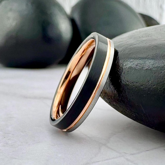 Thin Rose Gold Wedding Band Black and Gray Tri Color Tungsten Ring for Women Men 4mm Comfort Fit His Her Engagement Ring