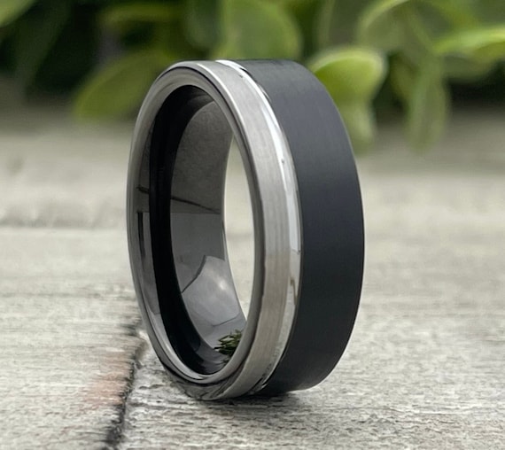 Black Tungsten Ring Men Grey Wedding Band 8MM Comfort Fit Channel Design Size 5 to 15 Male Unique Fashion Anniversary Love Gift