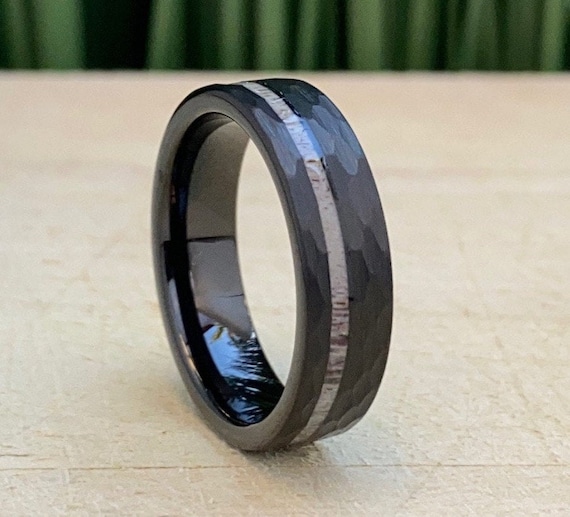 Hammered Black Wedding Ring Tungsten Band Deer Antler Inlays 6MM Men Women Brushed Finish Size 5 to 14 His Hers Anniversary Engagement Gift