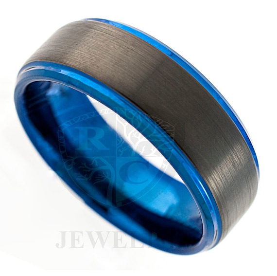 Blue Tungsten Carbide Ring Mens Black Wedding Band Brushed Anniversary Engagement 8MM Size 5 to 15 Special Gift Personal Engraving Available