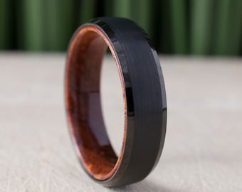 Black Tungsten Ring Wood Inside Wedding Band Brushed Rosewood Design Men 6MM Comfort Fit Sizes 5 to 14 Husband Anniversary Love Special Gift