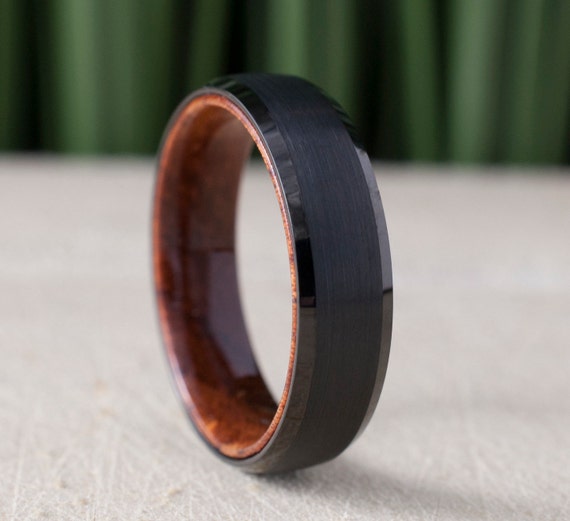 Black Tungsten Ring Wood Inside Wedding Band Brushed Rosewood Design Men 6MM Comfort Fit Sizes 5 to 14 Husband Anniversary Love Special Gift