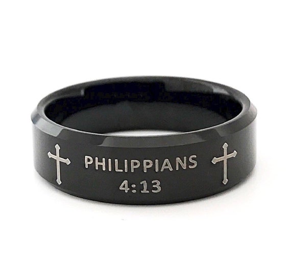 Bible Verse Ring Philippians 4 13 Religious Strength Phrase Black Tungsten Ring Men Women 8MM Size 6 to 14 Birthday Graduation Catholic Gift