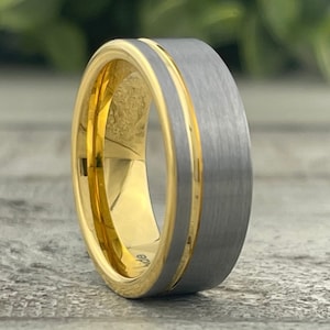 Yellow Gold Tungsten Ring Grey Brushed Men Wedding Band 8MM Size 5 to 15 Great His Her Anniversary Engagement Male Gift Idea