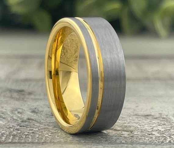 Yellow Gold Tungsten Ring Grey Brushed Men Wedding Band 8MM Size 5 to 15 Great His Her Anniversary Engagement Male Gift Idea