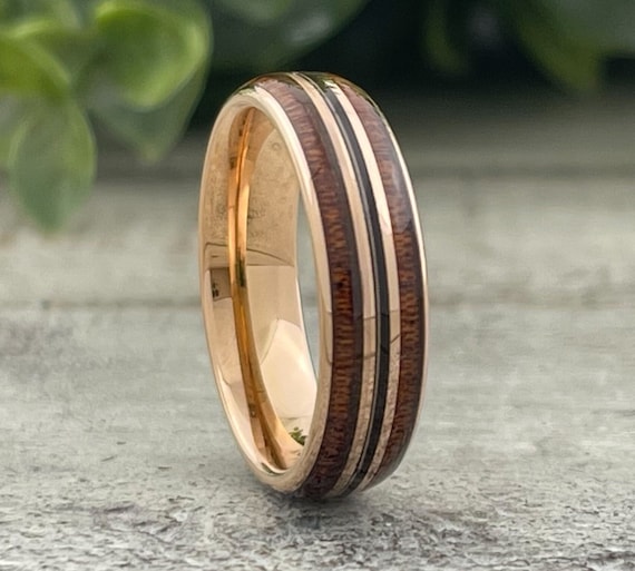 Rose Gold Guitar String Ring Wood Inlay Men Women 6MM Wedding Band Musician Gift Music Inspired Ring Unique Rose Gold Band