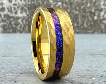 Alexandrite Gold Hammered Tungsten Ring Nebula Amethyst Purple Wedding Band For Men Fathers Day Gift